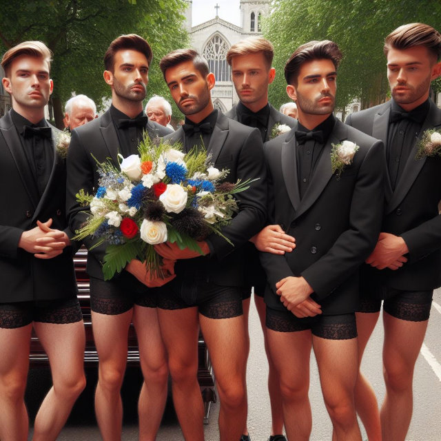 Stereotypical gay men at a funeral